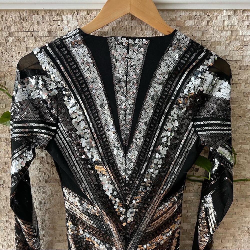 Black And Silver Patterned Sequin Mini Dress - image 6